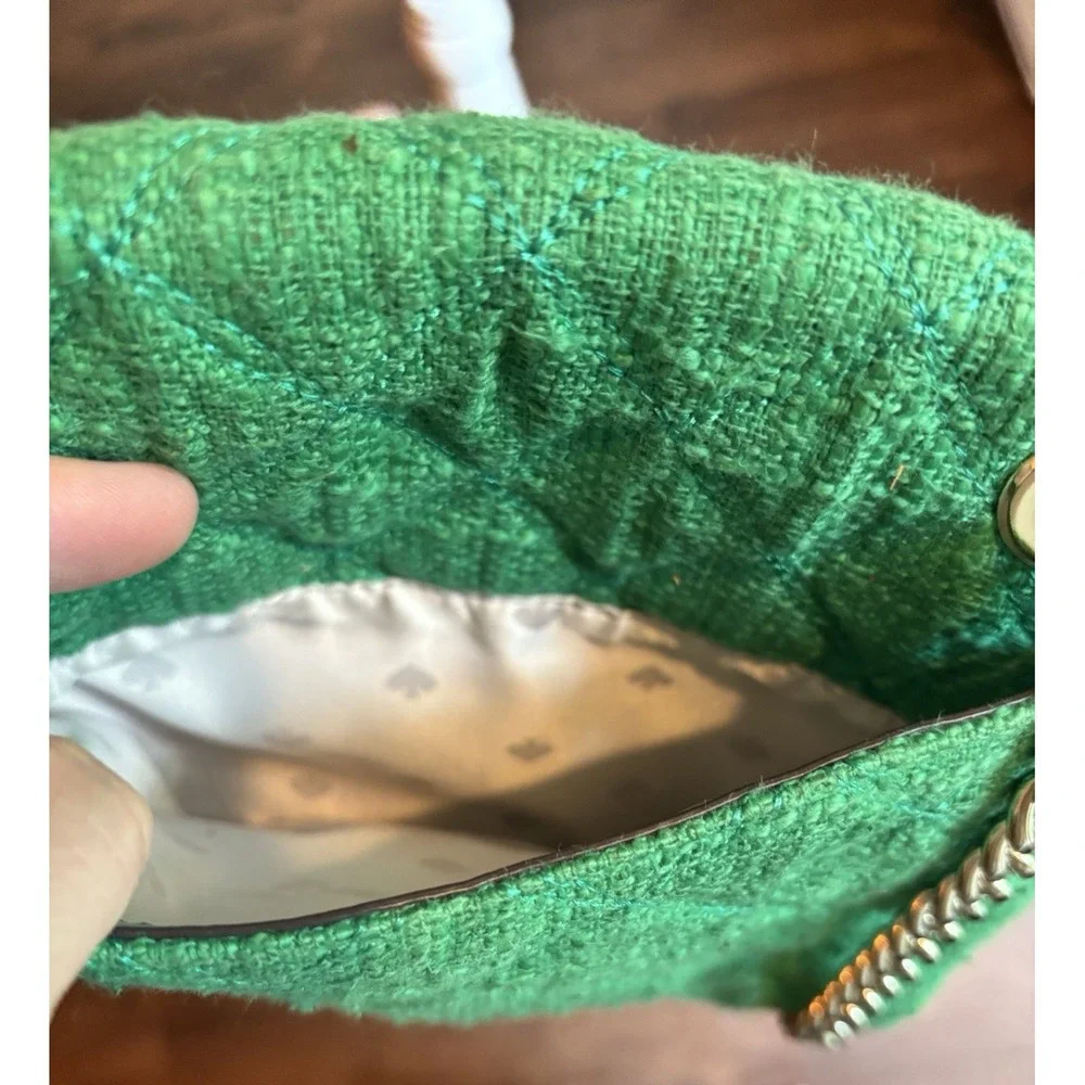 Kate‎ Spade Natalia Solid Quilted Tweed Crossbody Kelly Green Gold Chain New